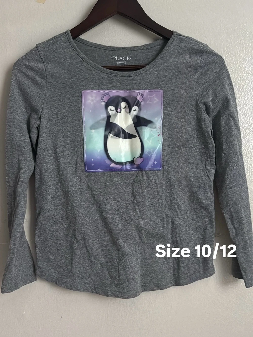 The Children's Place Gray Long Sleeve Tee with Purple Penguin Graphic